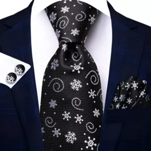 Elegant Black & White Christmas Silk Necktie Set with Cufflinks & Pocket Square