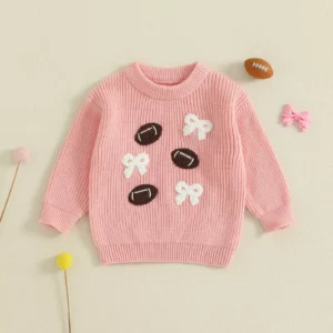 Gift for Grandchildren - Toddler Girl Fall Sweater with Football EmbroideryToddler Girl Fall Sweater with Football Embroidery Long Sleeve Knit Pullover