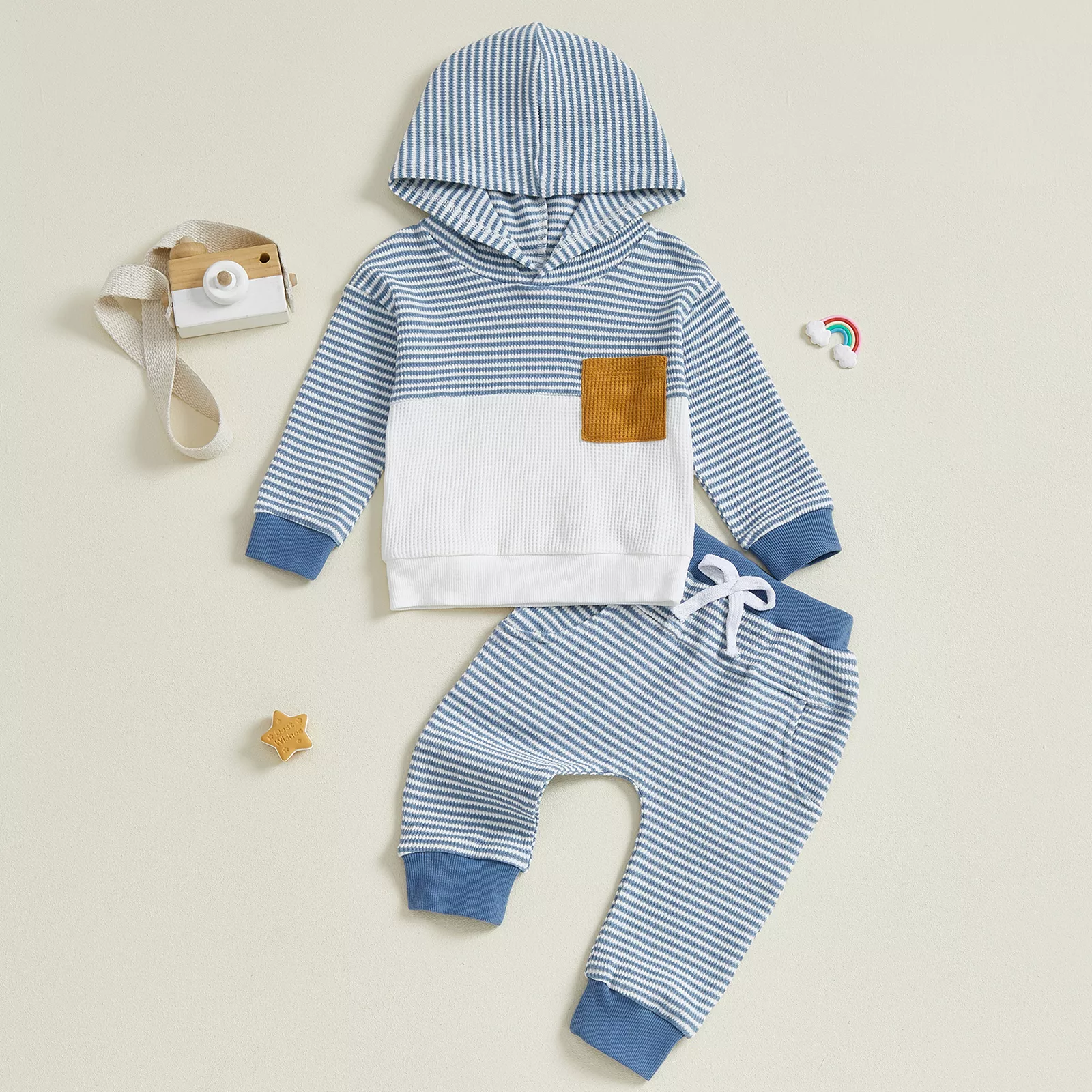 Cozy Stripe Patchwork Fall Outfit for Toddler Boys - Hoodie & Pants Set - Image 4