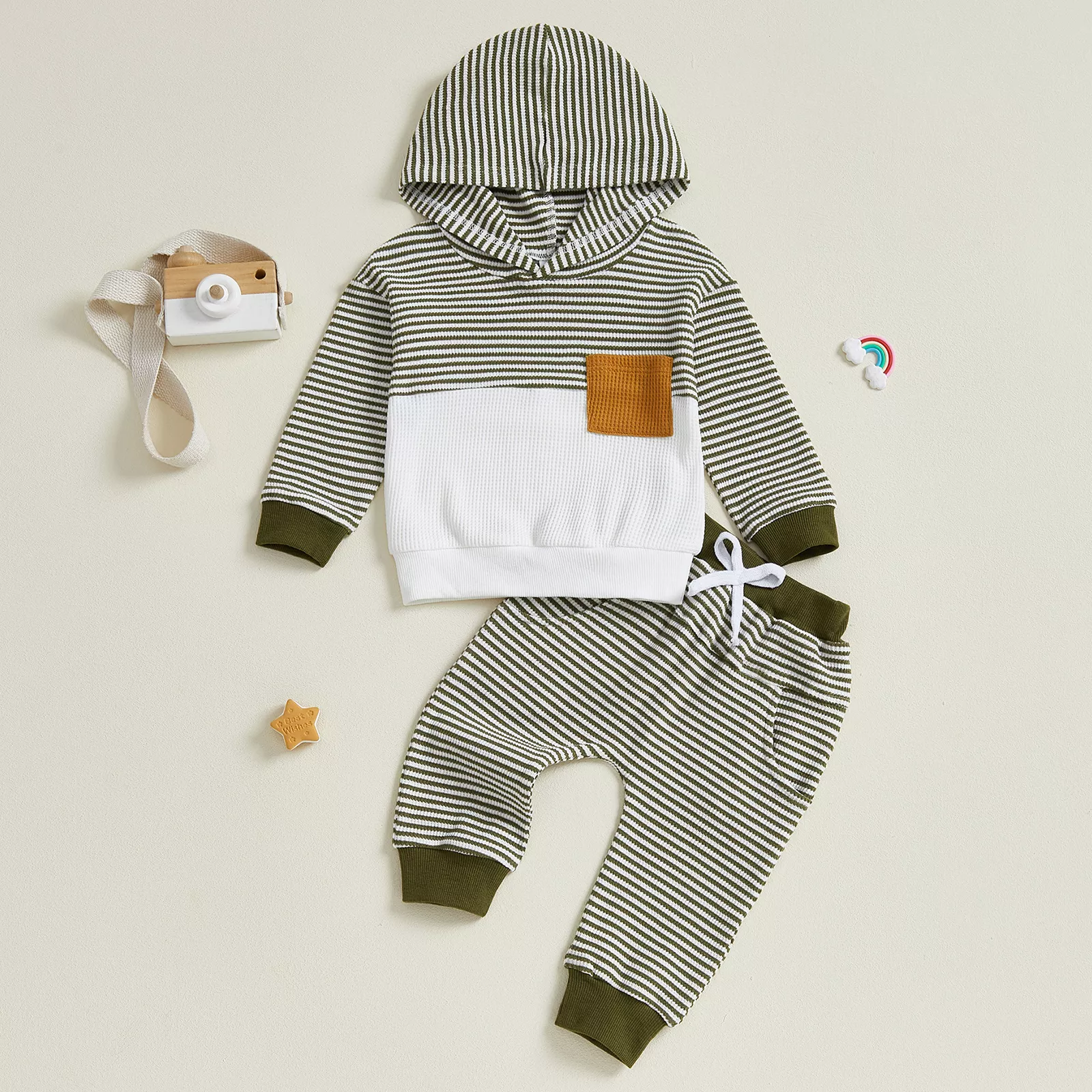 Cozy Stripe Patchwork Fall Outfit for Toddler Boys - Hoodie & Pants Set - Image 6