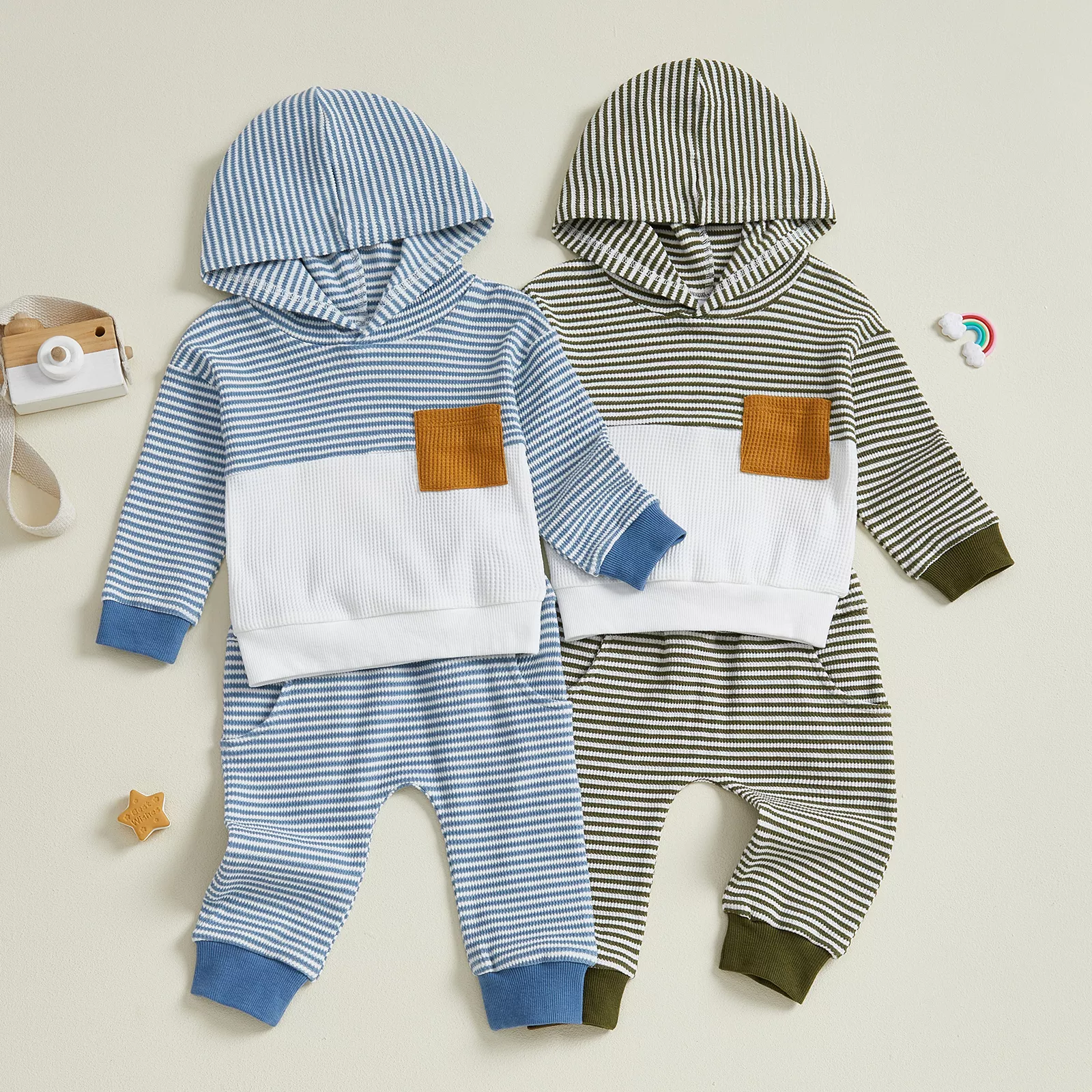 Cozy Stripe Patchwork Fall Outfit for Toddler Boys - Hoodie & Pants Set - Image 2