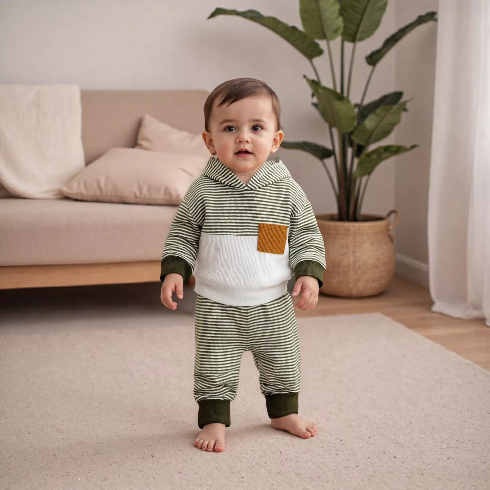 Cozy Stripe Patchwork Fall Outfit for Toddler Boys - Hoodie & Pants Set - Image 7