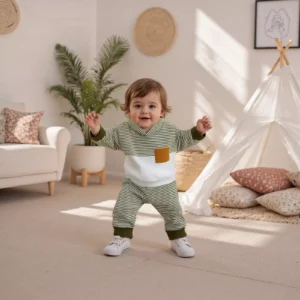 Cozy Stripe Patchwork Fall Outfit for Toddler Boys - Hoodie & Pants Set