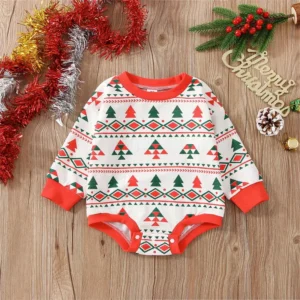 Gift for Grandchildren - Infant Christmas Tree Romper Long Sleeve Cotton Jumpsuit for Baby Boys Girls