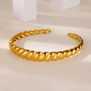 Gift for Grandmother - Gold Color Striped Stainless Steel Bangle - Aesthetic Jewelry