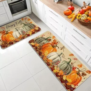 Fall Pumpkin Welcome Mat – Autumn Maple Leaf Non-Slip Rug for Home Décor
