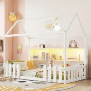 Twin Size House Bed with LED Light, Wood House Bed with Storage Bookshelf, Floor House Bed with Guardrails for Kids, White (Expect Arrival Date 2025/3/14)